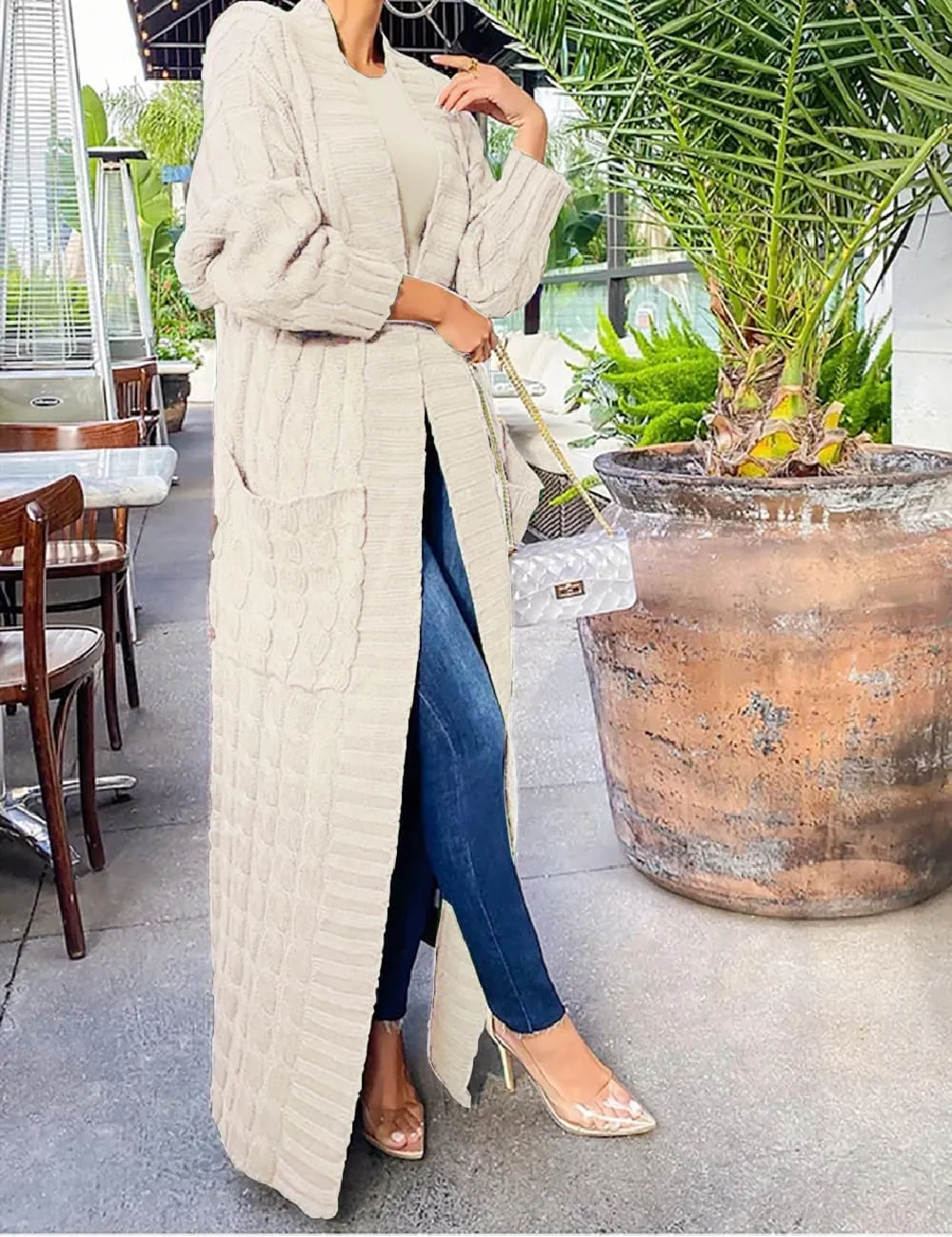 A ADILACA Women's Thin Type Stylish Cable Knit Cardigan with 2-Pockets, Women's Extra Long Ankle Length Sweater