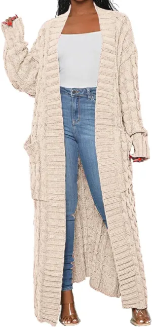 A ADILACA Women's Thin Type Stylish Cable Knit Cardigan with 2-Pockets, Women's Extra Long Ankle Length Sweater