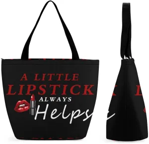 A Little Lipstick Always Helps Tote Bag for Women Reusable Beach Shoulder Bag Lightweight Grocery Bags Travel Handbag