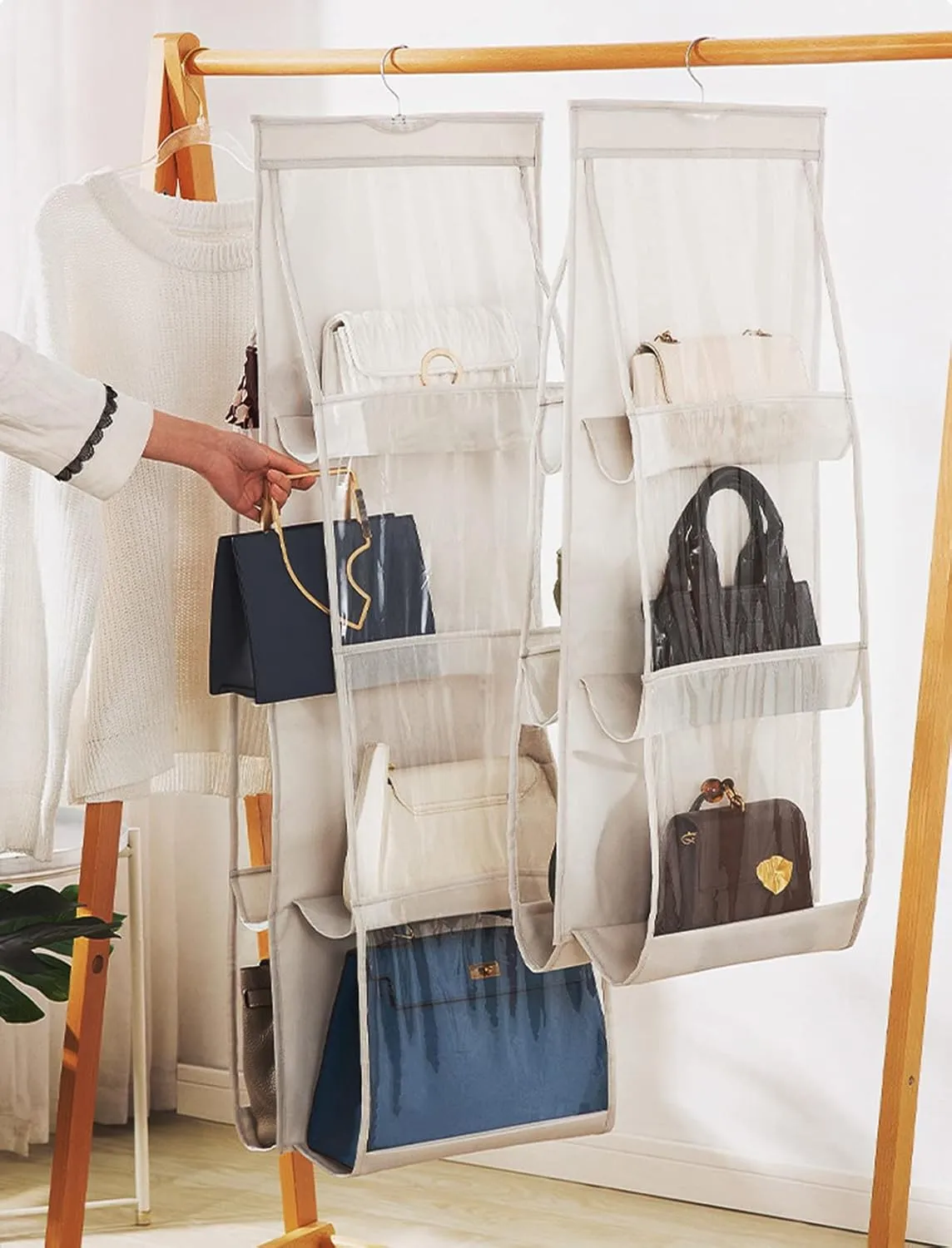 AARAINBOW 2 Packs Hanging Handbag Purse Organizer for Closet, 8 Pockets Space Saving Purse Storage Organizers, Wardrobe Bag Organizer Pocketbook Organizer, 45.7 L x 14.1W (2 Light Gray)