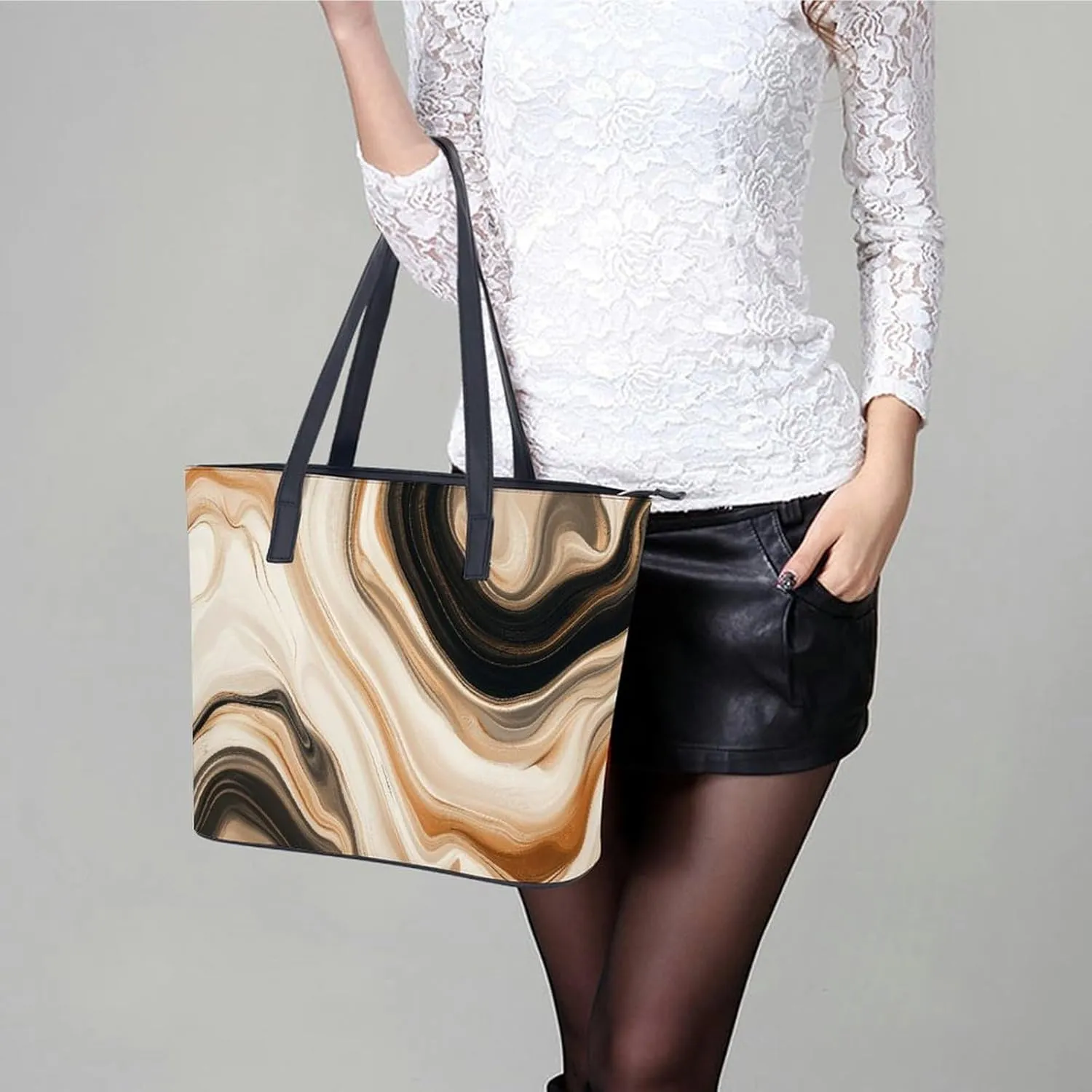 Abstract Brown Black Marble Texture Women Soft Leather Handbags Tote Purses Shoulder Bucket Bags