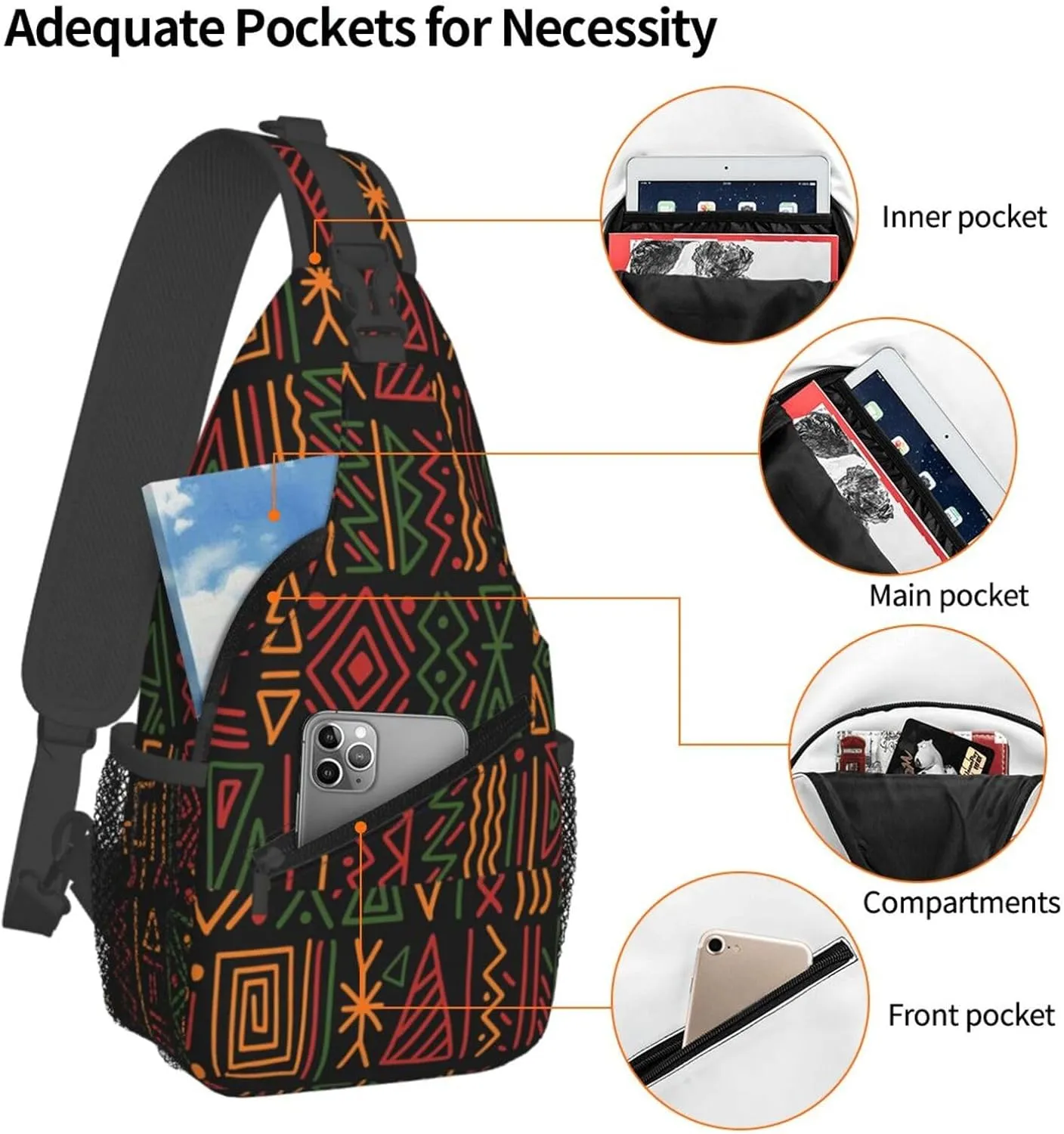 African Ethnic Bag for Women Men, Lightweight Sling Bag Chest Bag Tribe Handbag Backpack for Travel, Work
