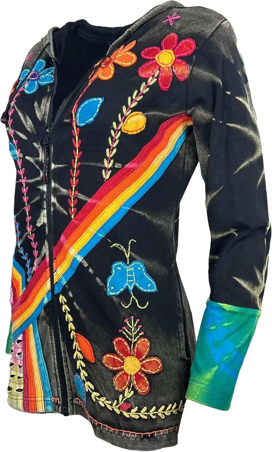 Agan Traders 2025 Spring Knit Cotton Bohemian Distressed Zip-Up Hoodies - Lightweight Tie-Dye Embroidered Jackets for Women