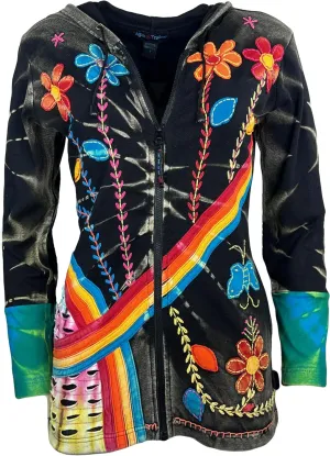 Agan Traders 2025 Spring Knit Cotton Bohemian Distressed Zip-Up Hoodies - Lightweight Tie-Dye Embroidered Jackets for Women