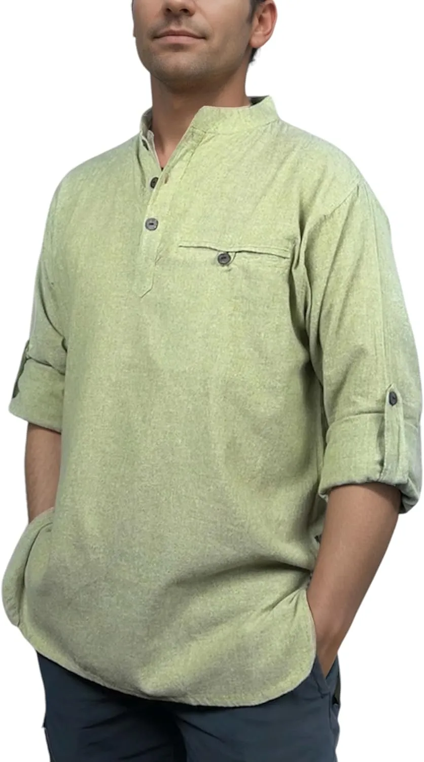 Agan Traders 2025 Spring Men's Patchwork Boho Hipster Cotton Henley Shirts - Granddad Collar Lightweight Short Kurta for Men