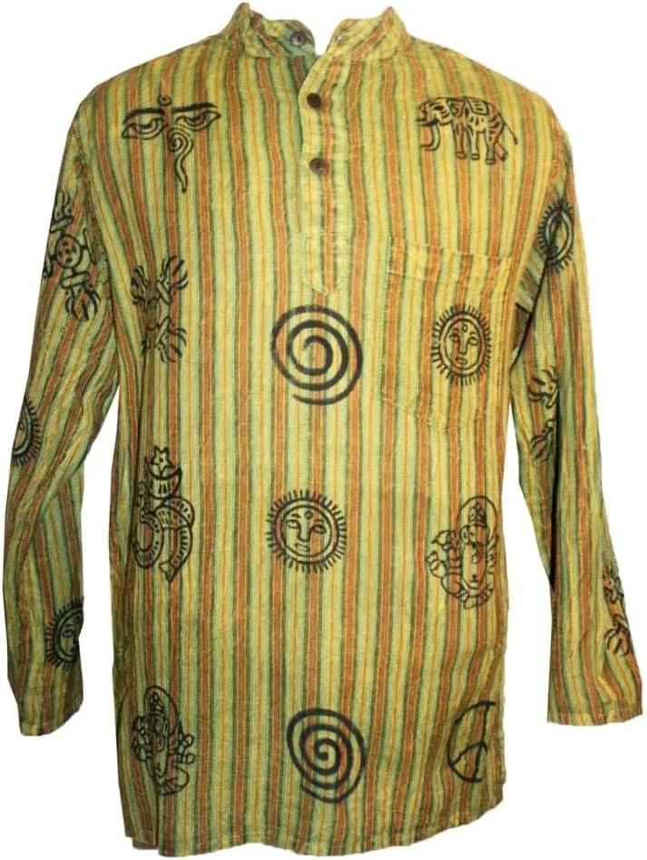 Agan Traders 2025 Spring Men's Patchwork Boho Hipster Cotton Henley Shirts - Granddad Collar Lightweight Short Kurta for Men