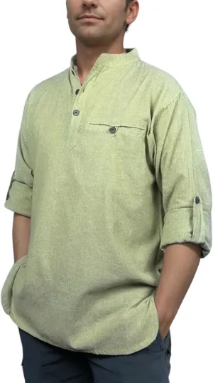Agan Traders 2025 Spring Men's Patchwork Boho Hipster Cotton Henley Shirts - Granddad Collar Lightweight Short Kurta for Men