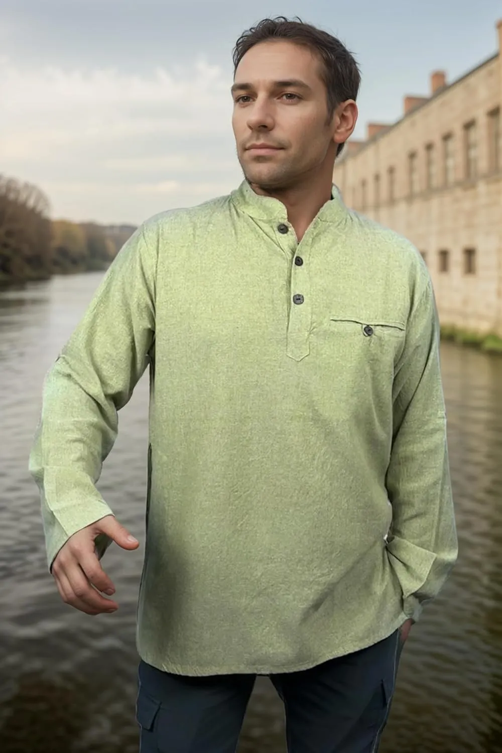 Agan Traders 2025 Spring Men's Patchwork Boho Hipster Cotton Henley Shirts - Granddad Collar Lightweight Short Kurta for Men