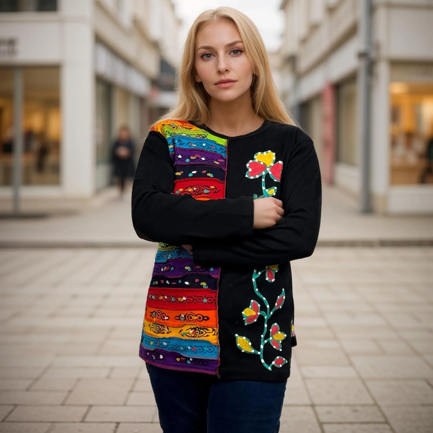 Agan Traders 2025 Spring Women's Boho Rib Knit Thick Cotton Distressed Patch Embroidered Long Sleeve Sweatshirt Top Blouse