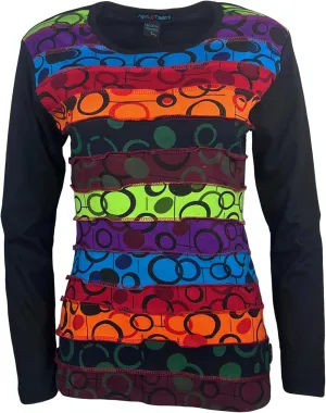 Agan Traders 2025 Spring Women's Boho Rib Knit Thick Cotton Distressed Patch Embroidered Long Sleeve Sweatshirt Top Blouse