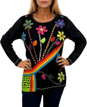 Agan Traders 2025 Spring Women's Boho Rib Knit Thick Cotton Distressed Patch Embroidered Long Sleeve Sweatshirt Top Blouse