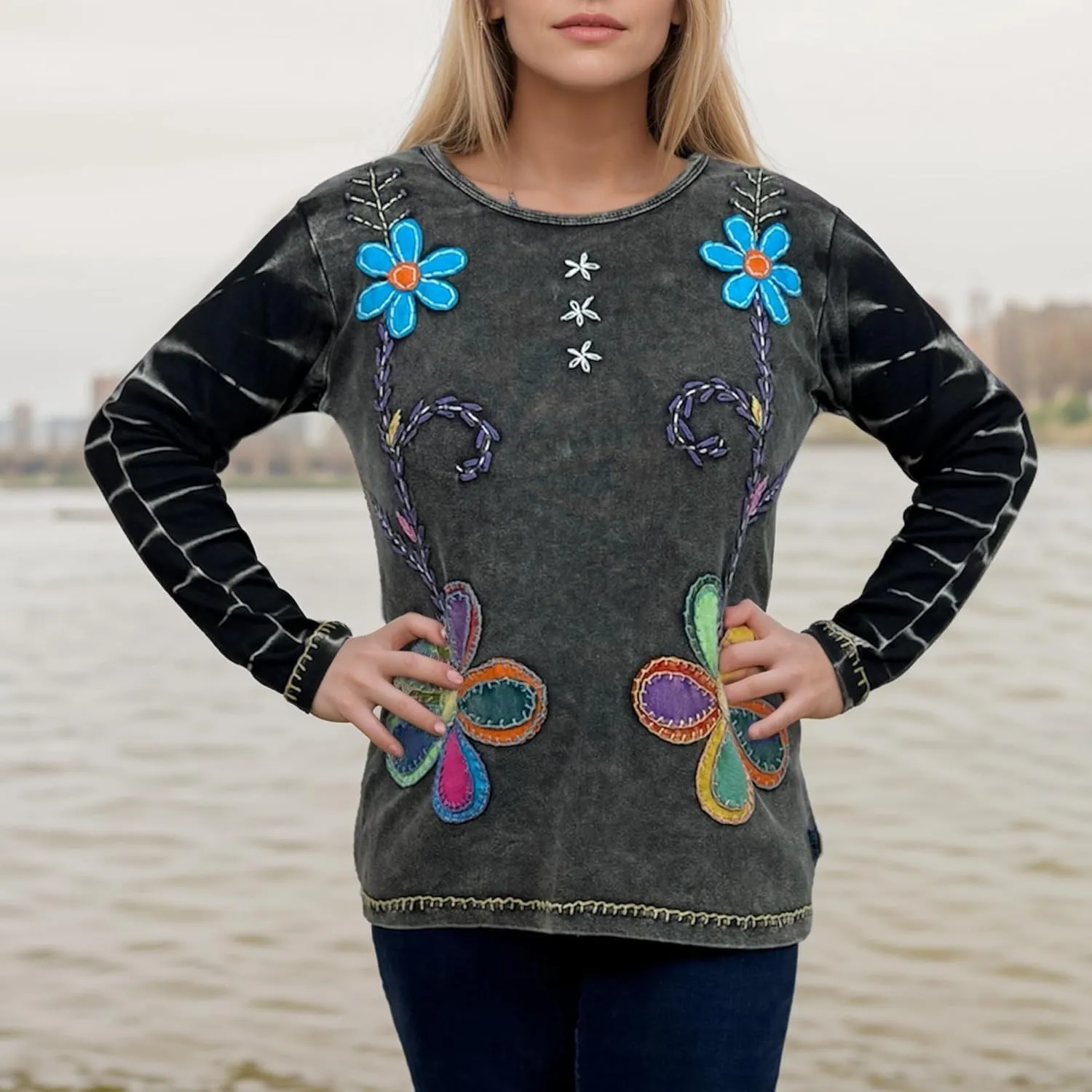 Agan Traders 2025 Spring Women's Boho Rib Knit Thick Cotton Distressed Patch Embroidered Long Sleeve Sweatshirt Top Blouse