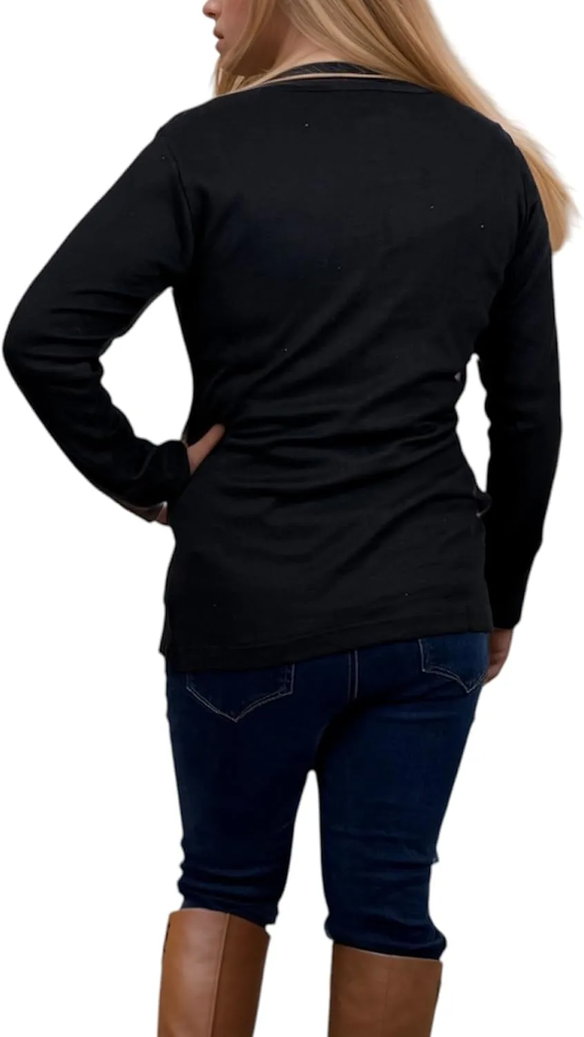 Agan Traders 2025 Spring Women's Boho Rib Knit Thick Cotton Distressed Patch Embroidered Long Sleeve Sweatshirt Top Blouse