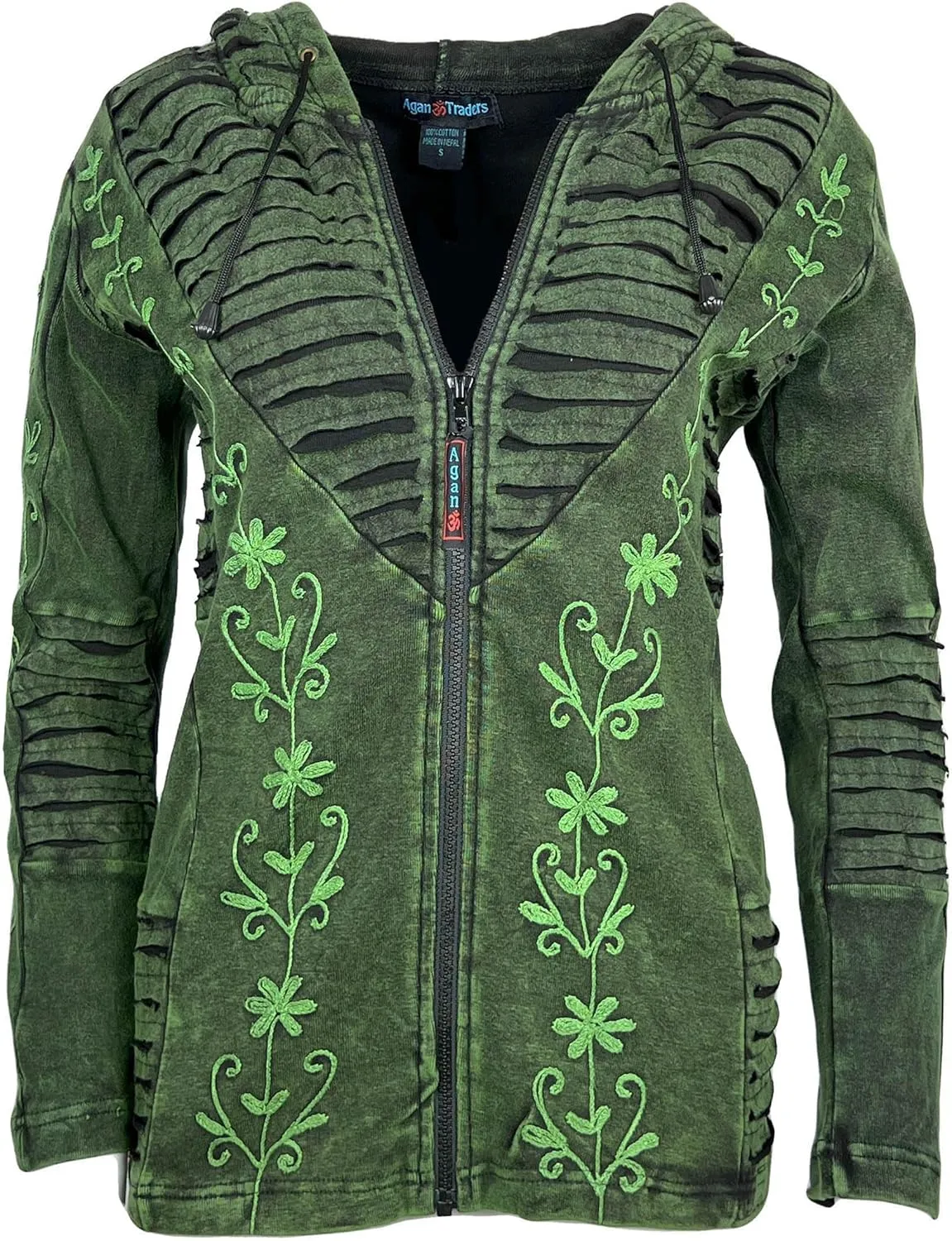Agan Traders 2025 Summer Bohemian Rib Knit Cotton Distressed Embroidered Zip Up Hoodie Sweatshirt Jackets for Women