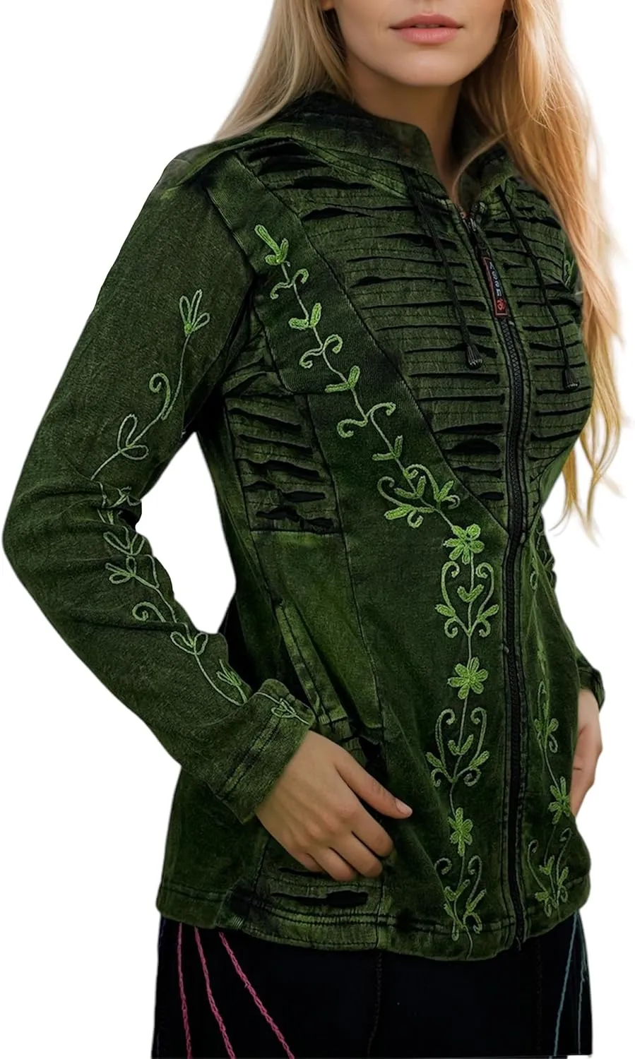 Agan Traders 2025 Summer Bohemian Rib Knit Cotton Distressed Embroidered Zip Up Hoodie Sweatshirt Jackets for Women