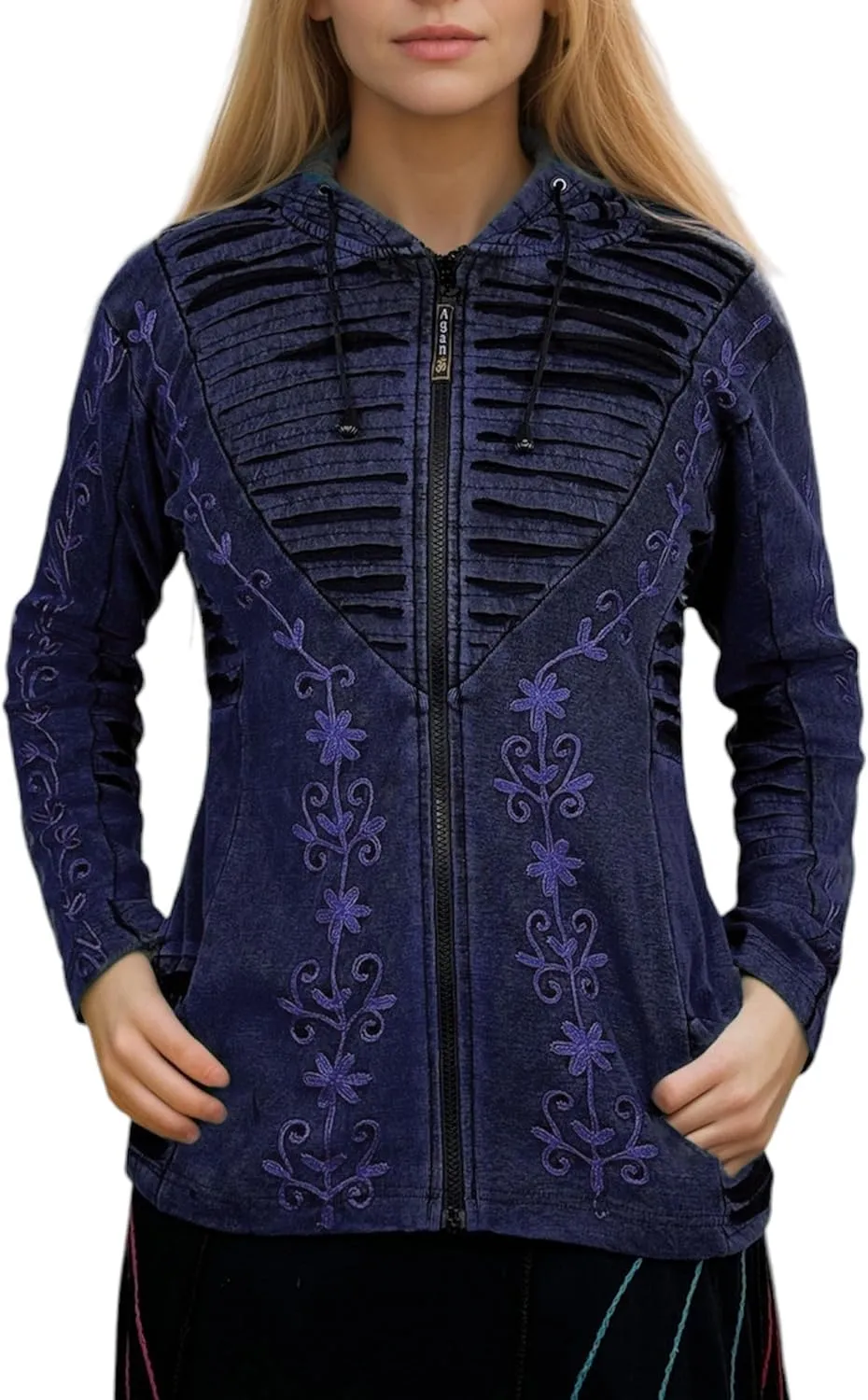 Agan Traders 2025 Summer Bohemian Rib Knit Cotton Distressed Embroidered Zip Up Hoodie Sweatshirt Jackets for Women