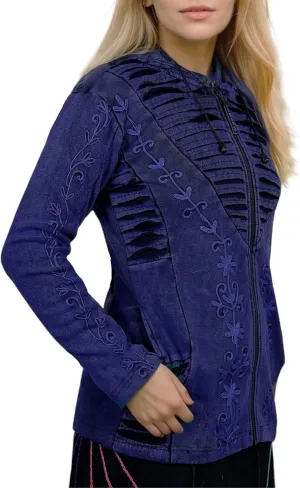 Agan Traders 2025 Summer Bohemian Rib Knit Cotton Distressed Embroidered Zip Up Hoodie Sweatshirt Jackets for Women