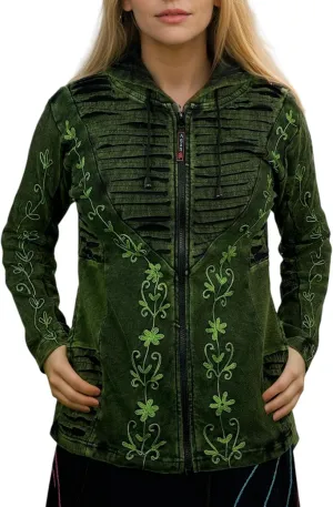 Agan Traders 2025 Summer Bohemian Rib Knit Cotton Distressed Embroidered Zip Up Hoodie Sweatshirt Jackets for Women