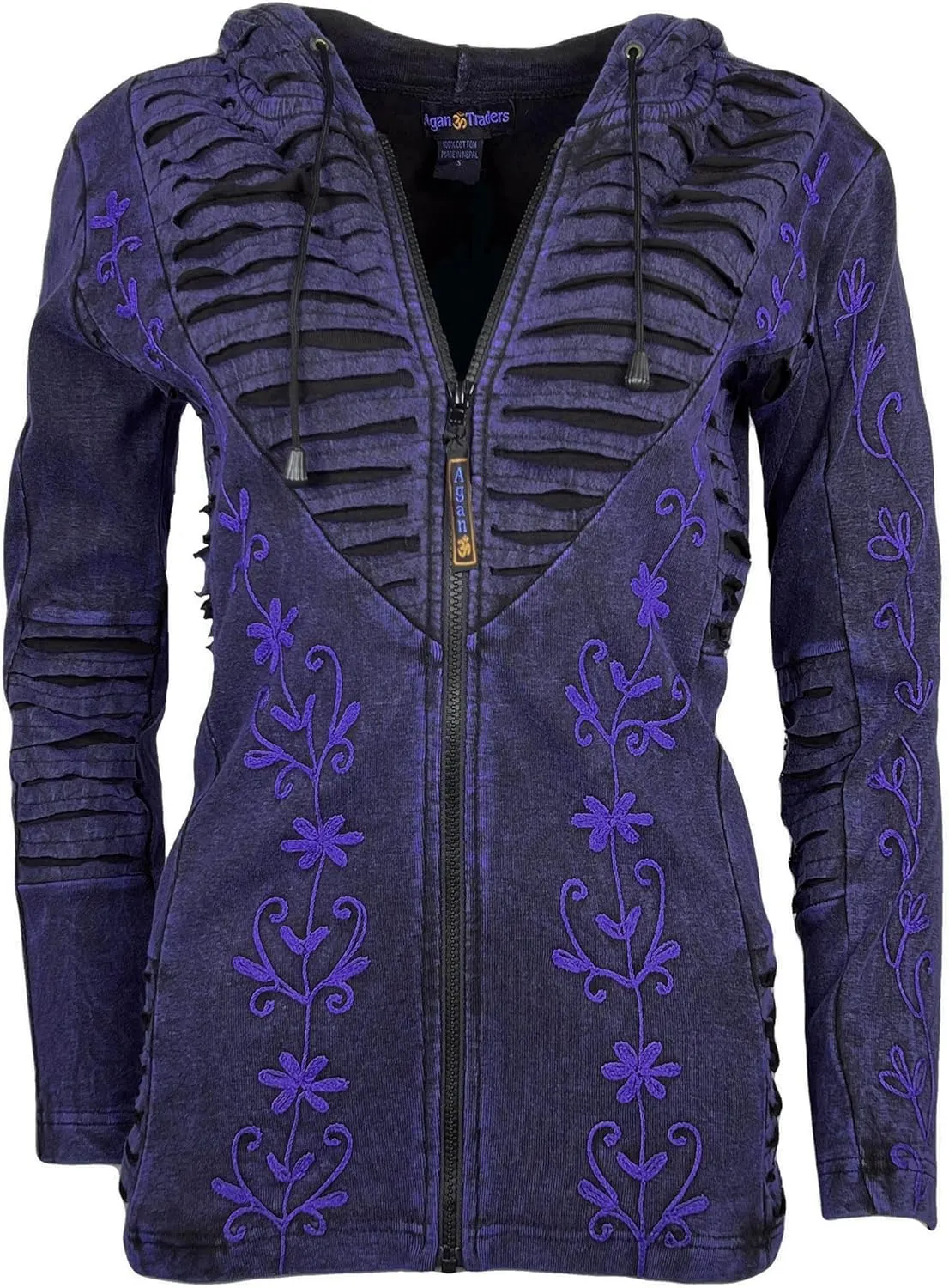 Agan Traders 2025 Summer Bohemian Rib Knit Cotton Distressed Embroidered Zip Up Hoodie Sweatshirt Jackets for Women