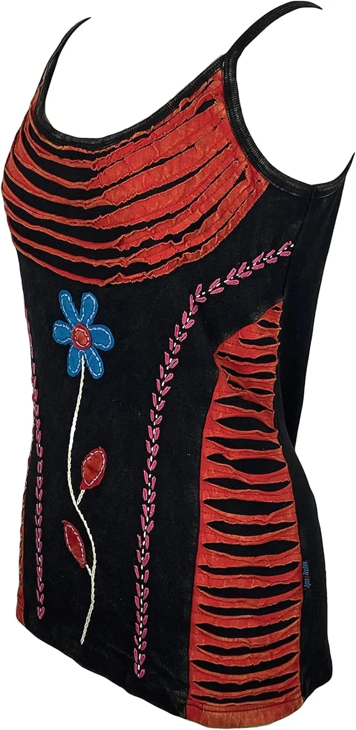 Agan Traders 2025 Summer Rib Knit Cotton Tank Tops for Women - Boho Gypsy Handcrafted Embroidery Patchwork Summer Tops