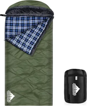 AGEMORE Cotton Flannel Sleeping Bag with Fleece Lined Hood, Waterproof XL Sleeping Bag for Adults, Cold Weather Sleeping Bag for Camping Backpacking or Hiking, 3-4season with Compression Sack