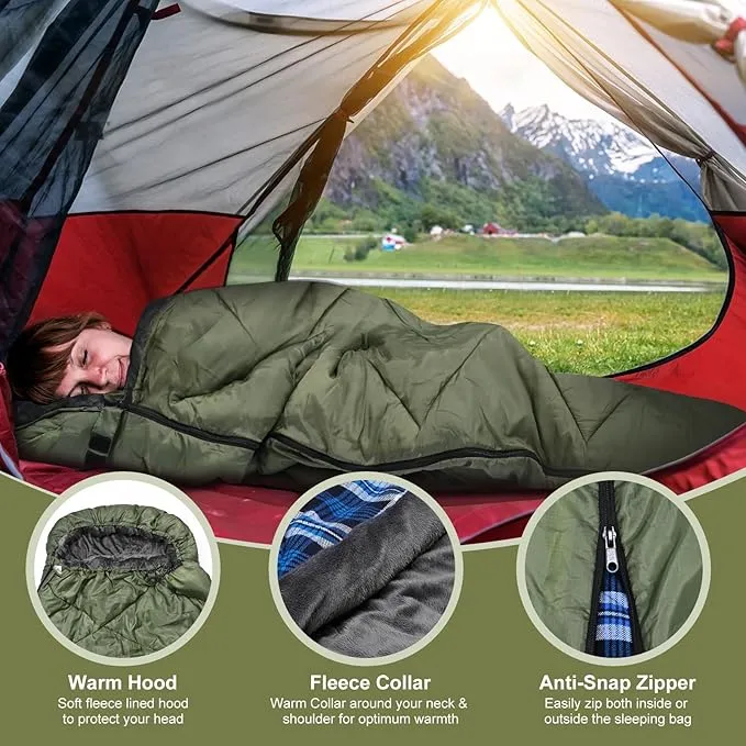 AGEMORE Cotton Flannel Sleeping Bag with Fleece Lined Hood, Waterproof XL Sleeping Bag for Adults, Cold Weather Sleeping Bag for Camping Backpacking or Hiking, 3-4season with Compression Sack
