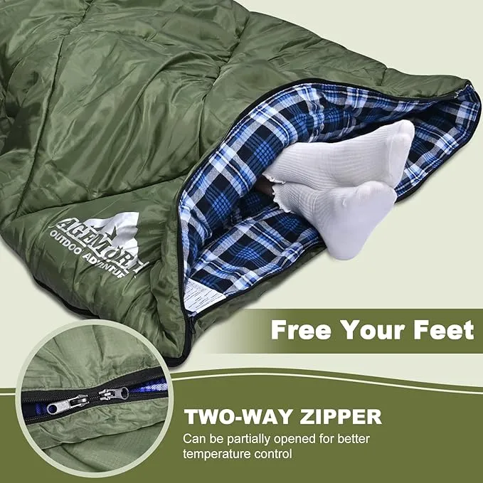 AGEMORE Cotton Flannel Sleeping Bag with Fleece Lined Hood, Waterproof XL Sleeping Bag for Adults, Cold Weather Sleeping Bag for Camping Backpacking or Hiking, 3-4season with Compression Sack