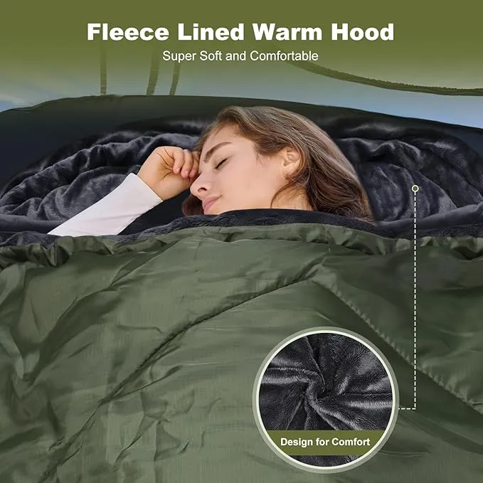 AGEMORE Cotton Flannel Sleeping Bag with Fleece Lined Hood, Waterproof XL Sleeping Bag for Adults, Cold Weather Sleeping Bag for Camping Backpacking or Hiking, 3-4season with Compression Sack
