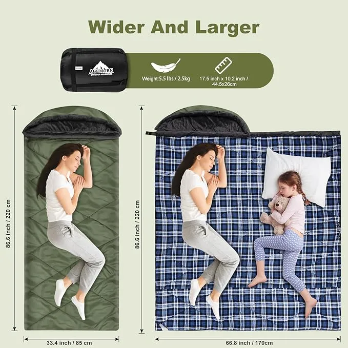 AGEMORE Cotton Flannel Sleeping Bag with Fleece Lined Hood, Waterproof XL Sleeping Bag for Adults, Cold Weather Sleeping Bag for Camping Backpacking or Hiking, 3-4season with Compression Sack