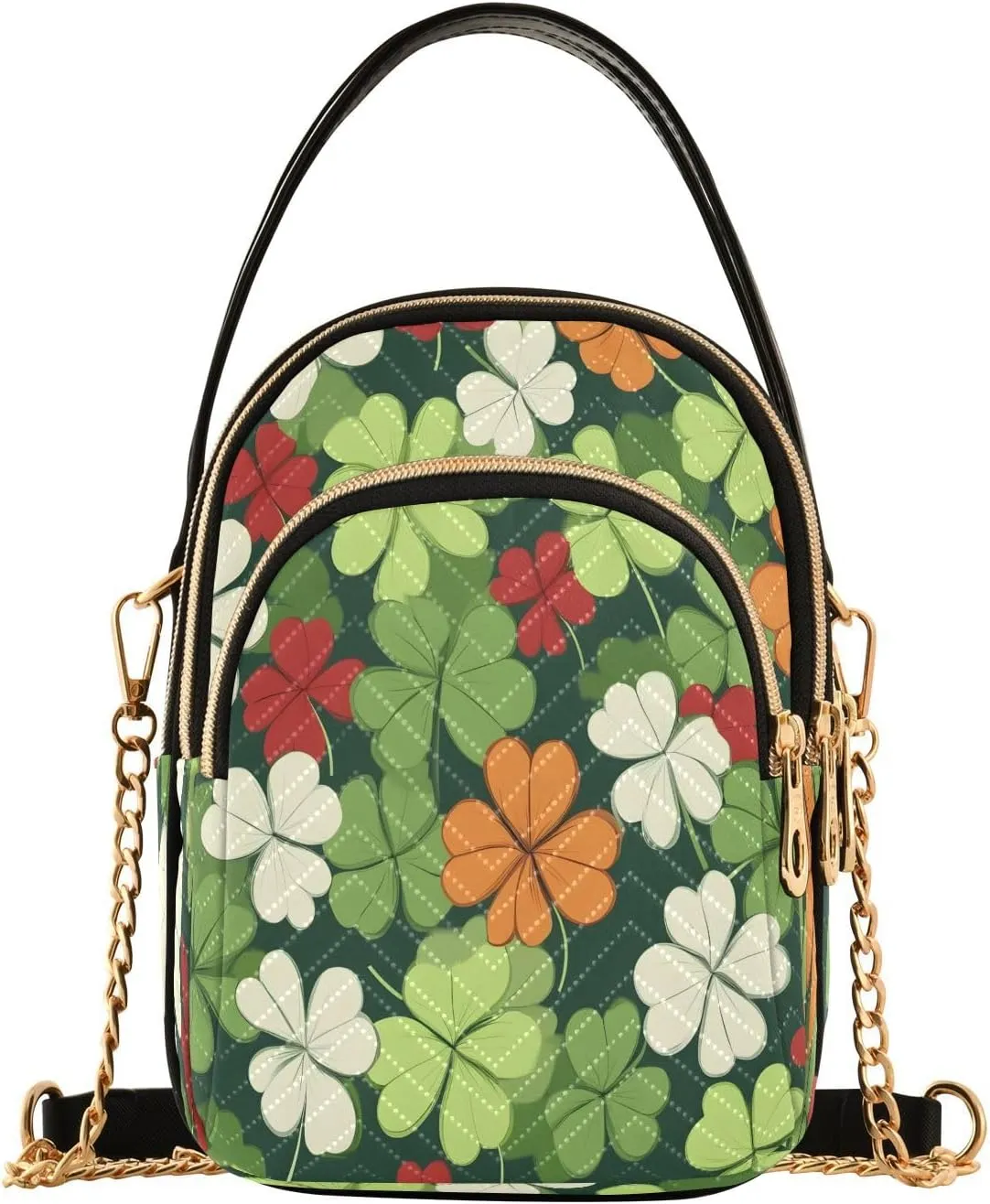 ALAZA Chain Crossbody Bags for Women Colorful Four Leaf Clover Leaves Quilted Shoulder Crossbody Handbags Travel Cross Body Cell Phone Purses Bags