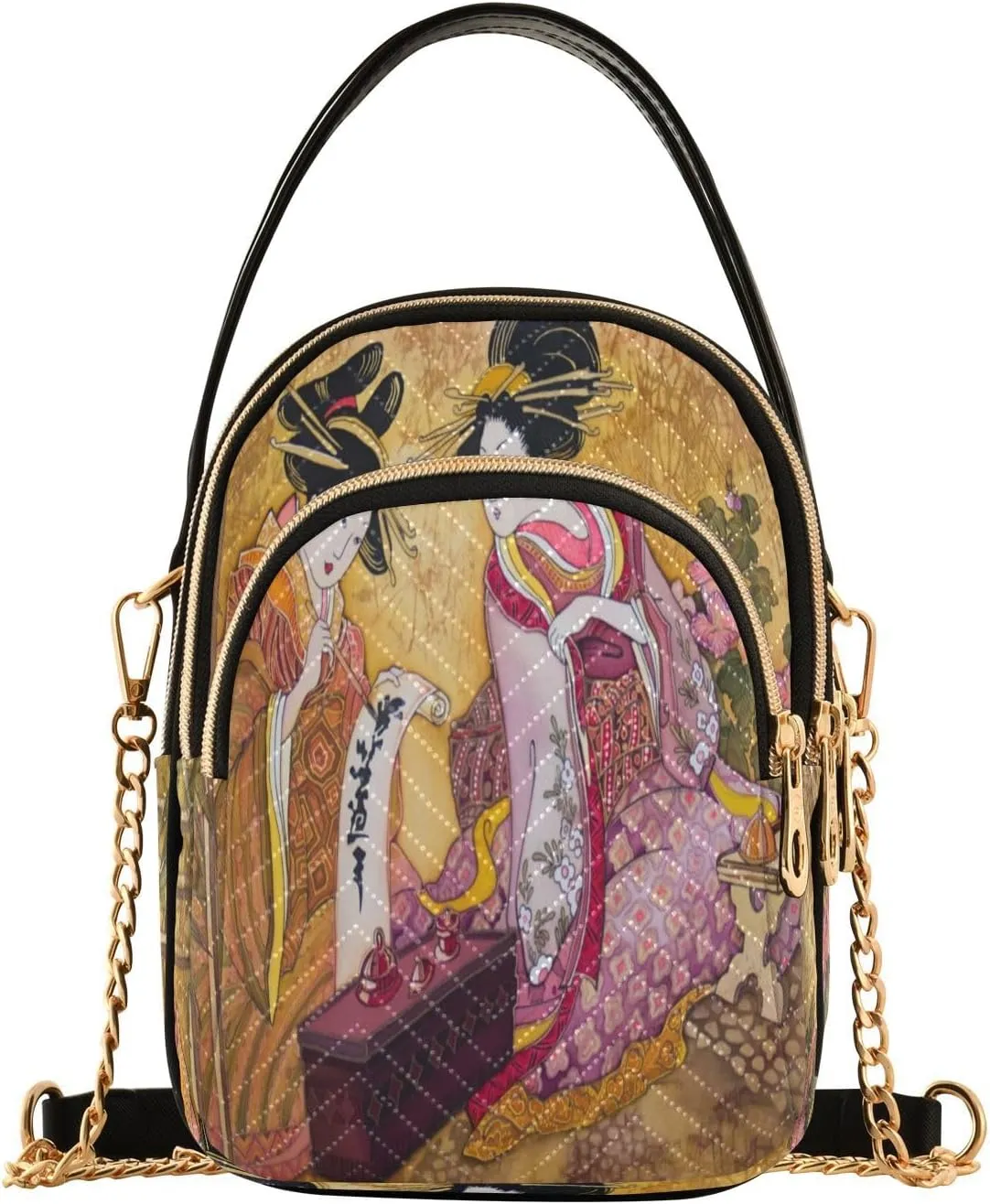 ALAZA Chain Crossbody Bags for Women Geisha Japan Batik Quilted Shoulder Crossbody Handbags Travel Cross Body Cell Phone Purses Bags