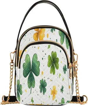 ALAZA Chain Crossbody Bags for Women Green Four Leaf Clover Gloden Leaves Quilted Shoulder Crossbody Handbags Travel Cross Body Cell Phone Purses Bags