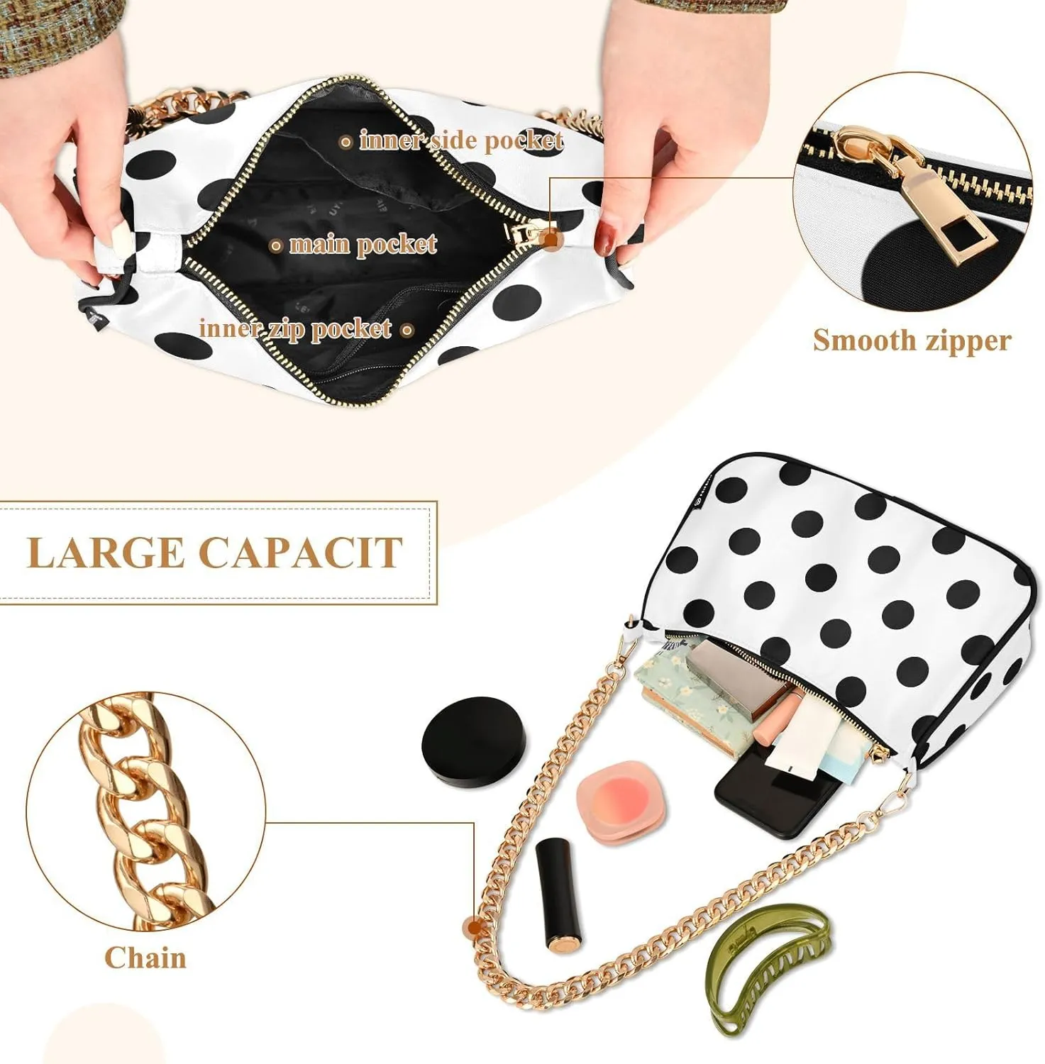 ALAZA Shoulder Handbags for Women Travel Hobo Tote Handbag Women Gold Chain Shoulder Bags Purse with Zipper Closure