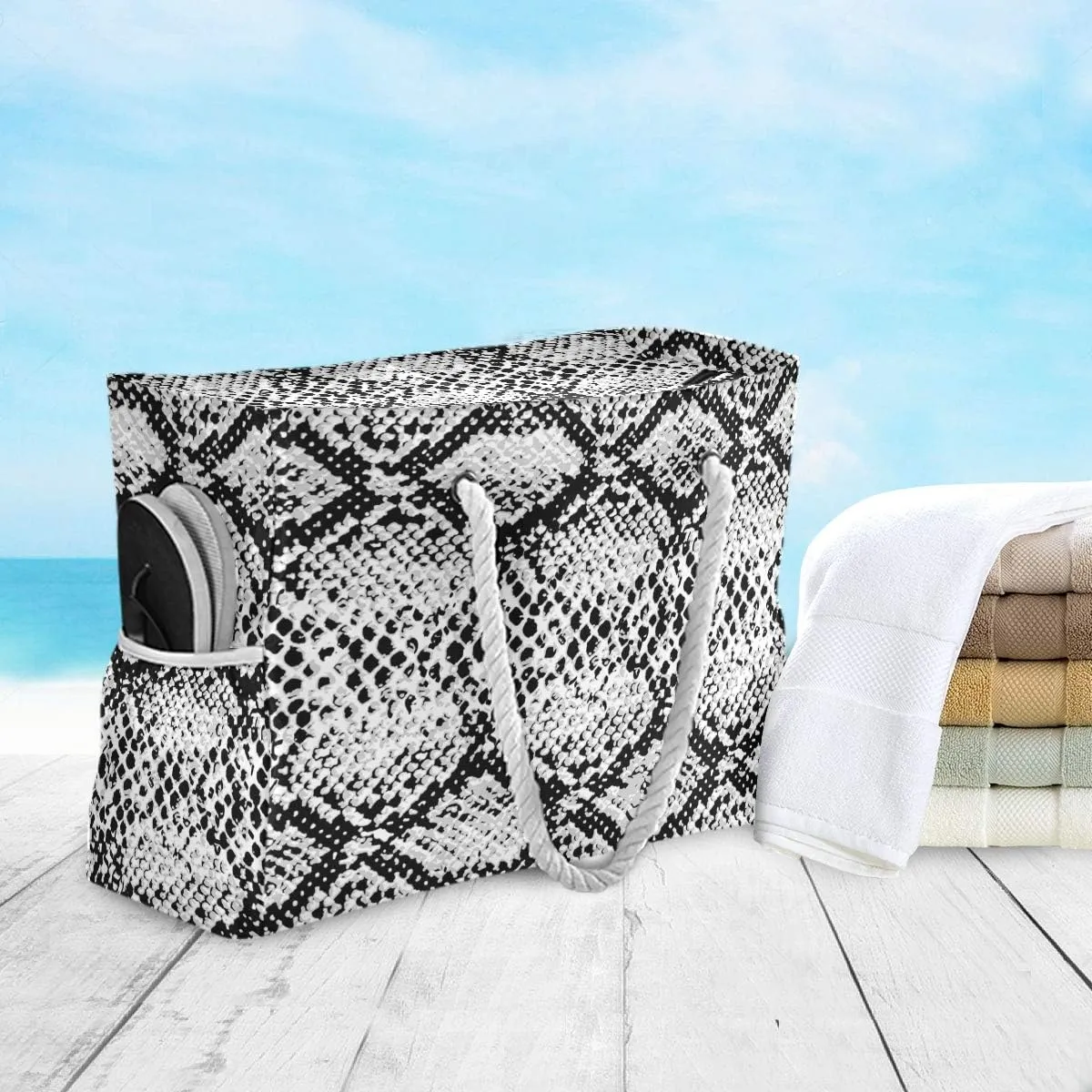ALAZA Snake Skin Black and White Beach Toy Bag Groceries Bag for Seaside, Shower Stall, Swiming Pool