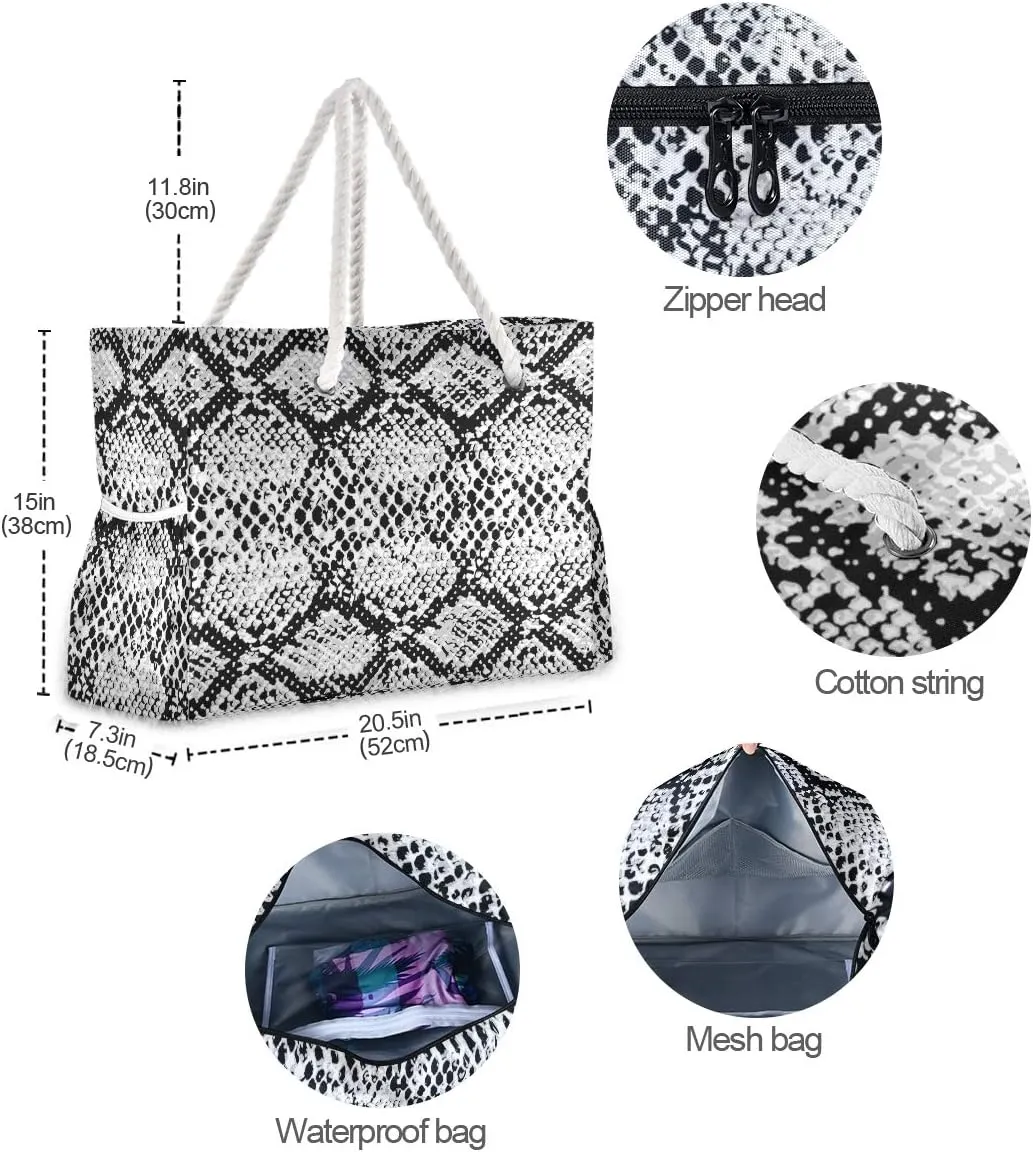 ALAZA Snake Skin Black and White Beach Toy Bag Groceries Bag for Seaside, Shower Stall, Swiming Pool