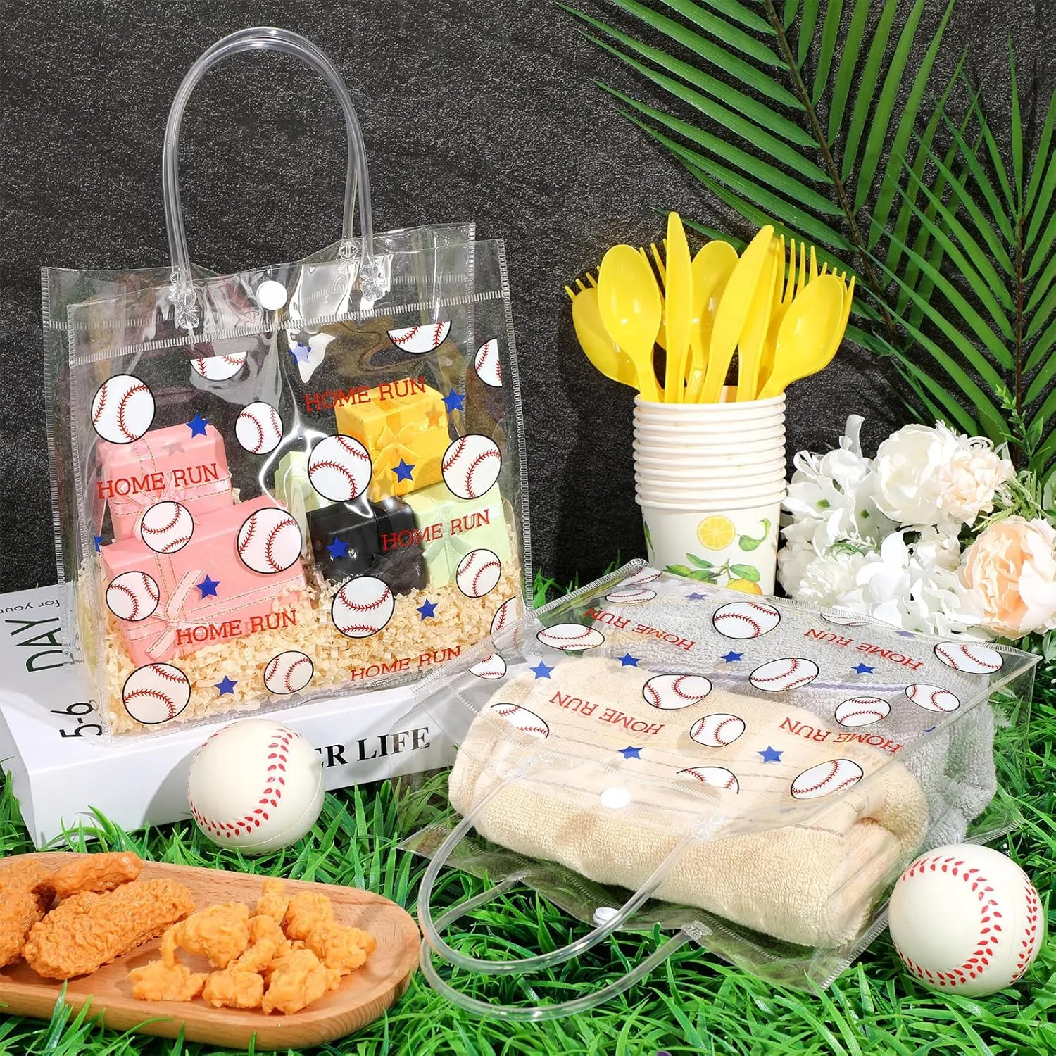 Aliceset 20 Pcs Baseball Clear PVC Gift Bag with Handles Sport Theme Party Favor Bag Bulk for Birthday Team Snack, 8x8x3.15''