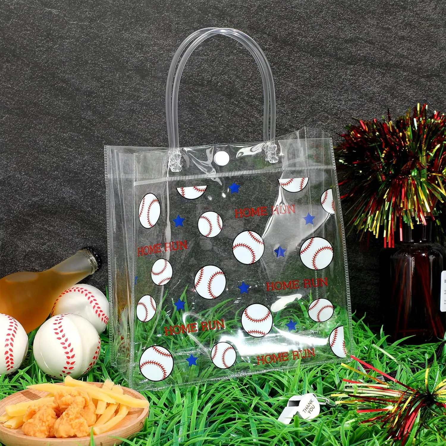 Aliceset 20 Pcs Baseball Clear PVC Gift Bag with Handles Sport Theme Party Favor Bag Bulk for Birthday Team Snack, 8x8x3.15''
