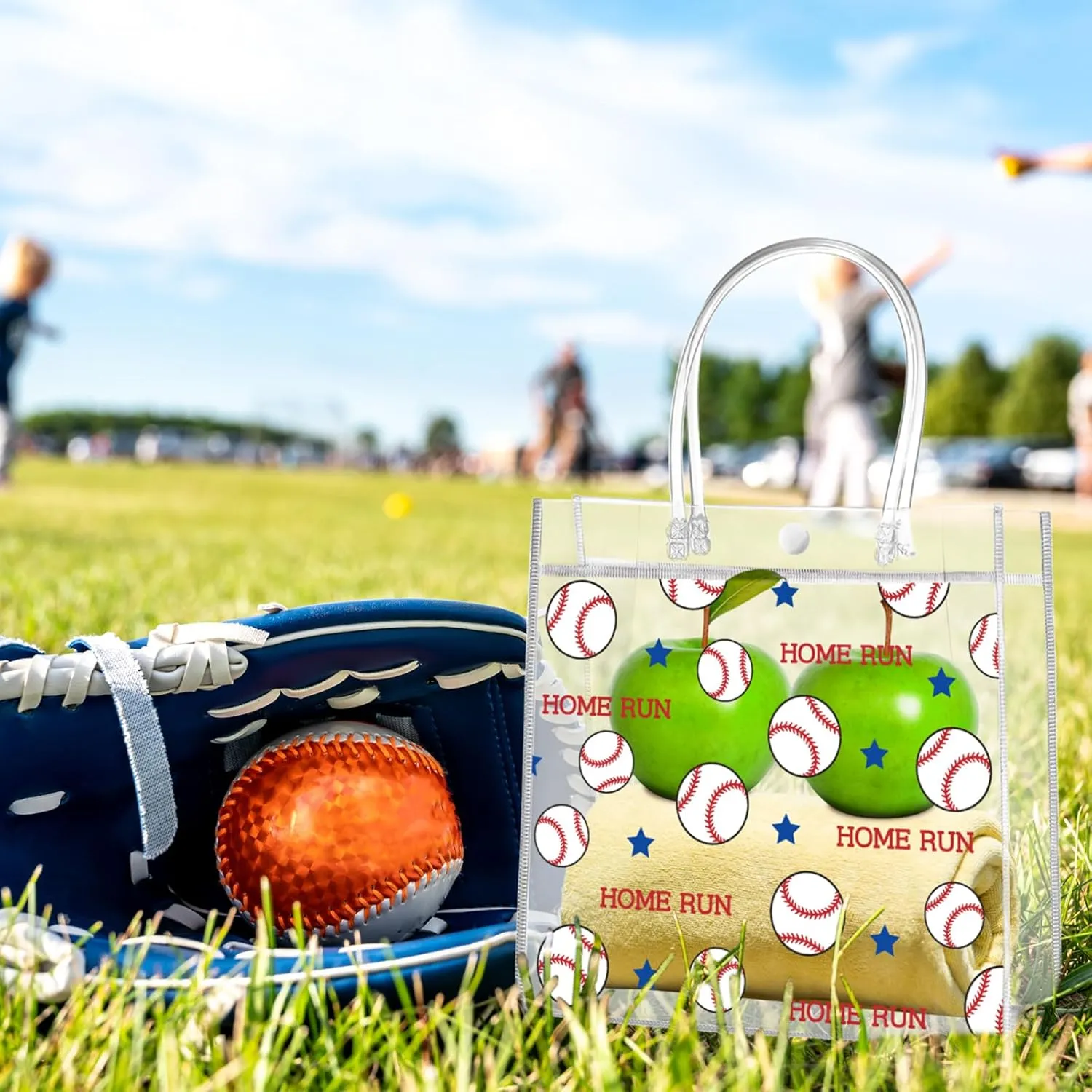 Aliceset 20 Pcs Baseball Clear PVC Gift Bag with Handles Sport Theme Party Favor Bag Bulk for Birthday Team Snack, 8x8x3.15''