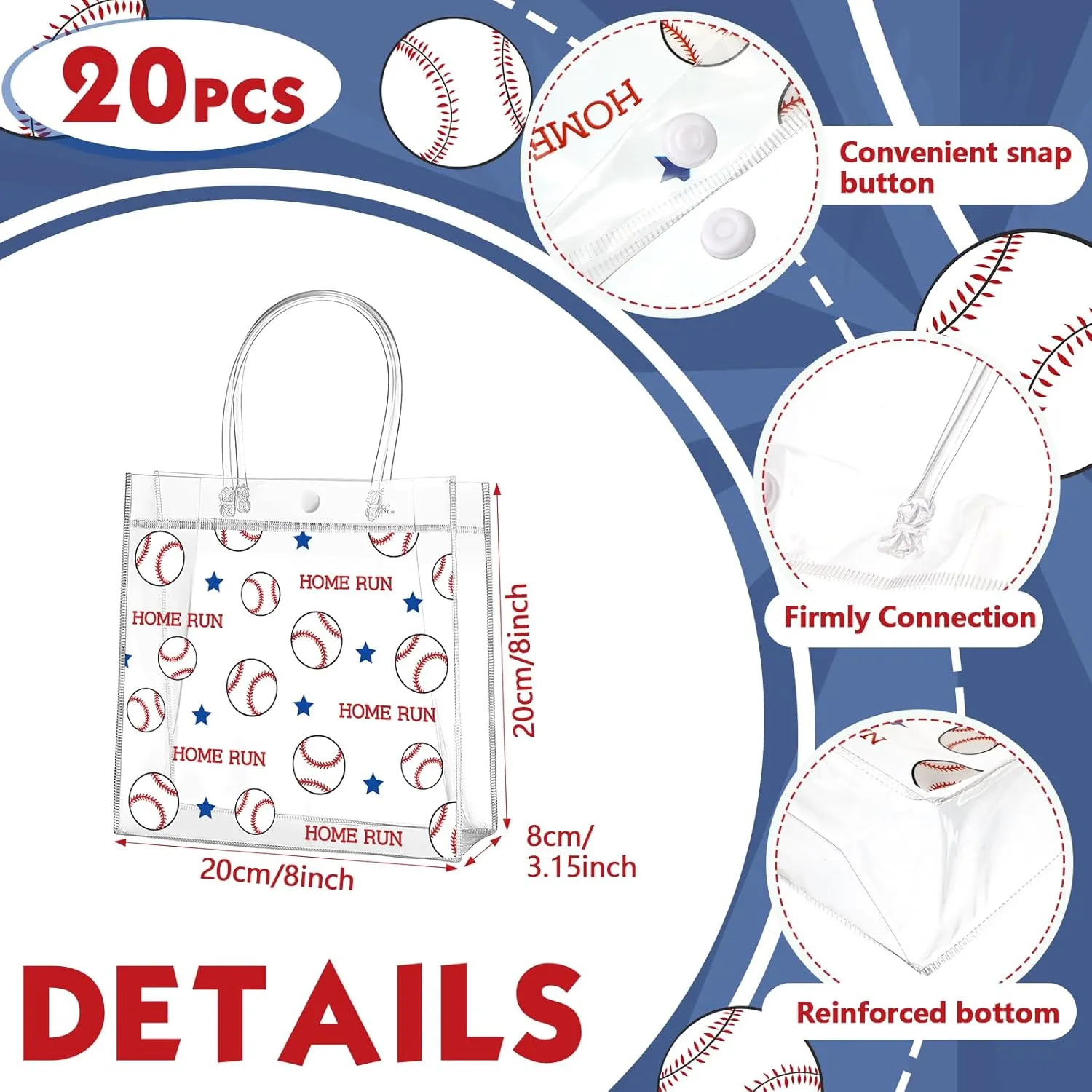 Aliceset 20 Pcs Baseball Clear PVC Gift Bag with Handles Sport Theme Party Favor Bag Bulk for Birthday Team Snack, 8x8x3.15''