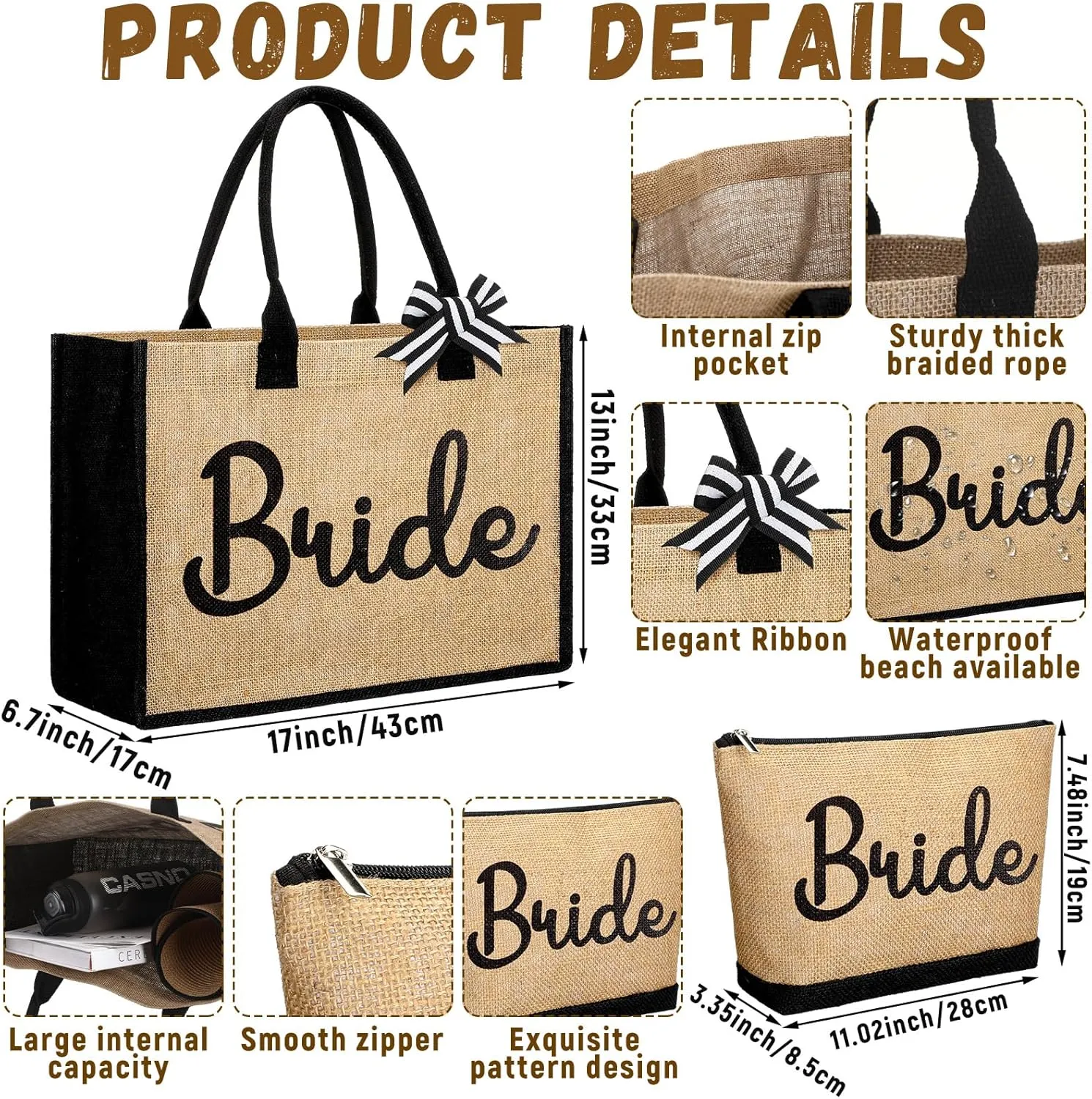 Aliceset 3 Pcs Wedding Bride Gift Bags Set for Women Canvas Tote Bag Beach Handbags for Bridal Shower Bachelorette Party