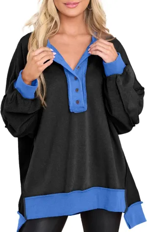 AlvaQ Women's Oversized Sweatshirt Casual Long Sleeve Button Henley Neck Pullover Tunic Tops Outfits