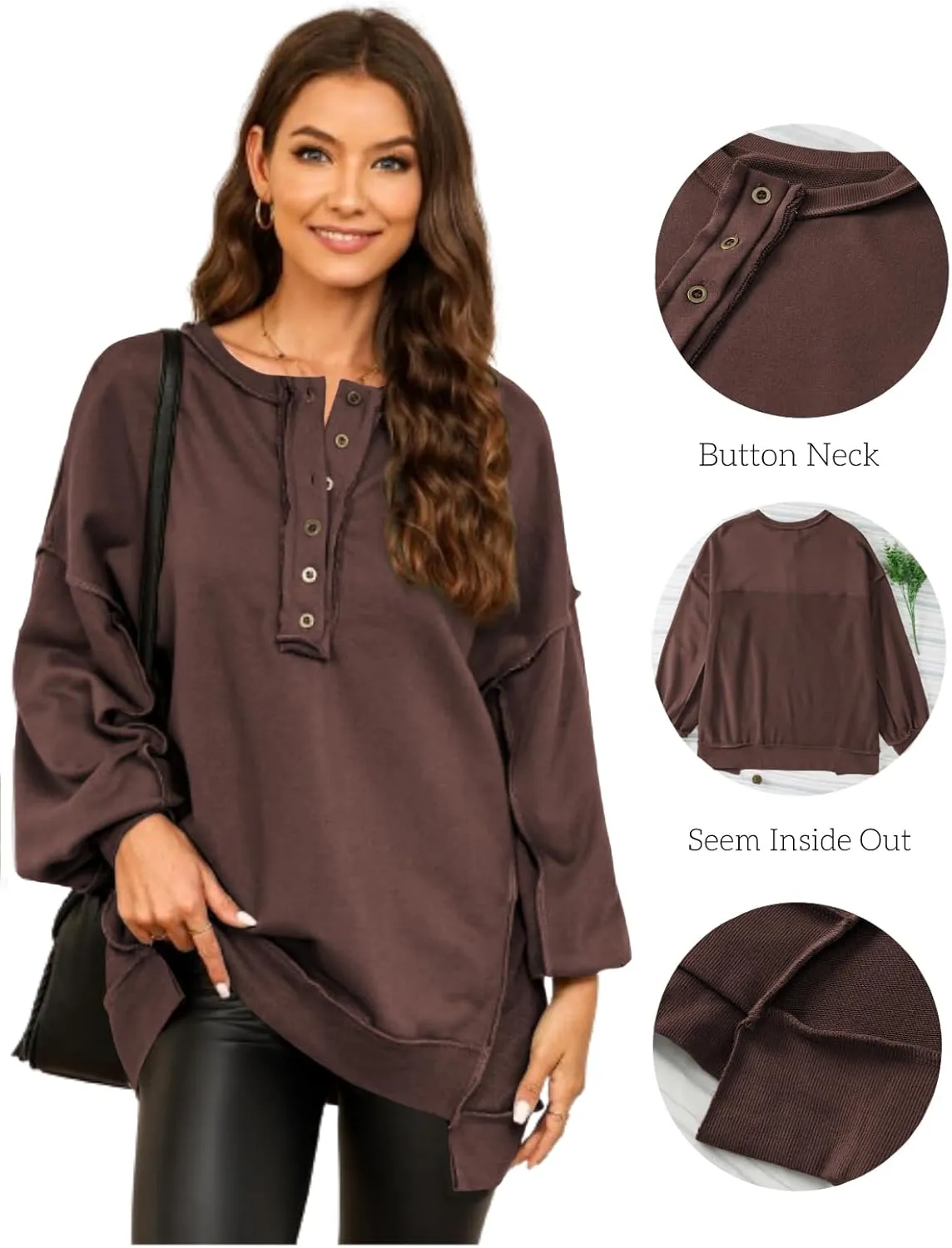 AlvaQ Women's Oversized Sweatshirt Casual Long Sleeve Button Henley Neck Pullover Tunic Tops Outfits