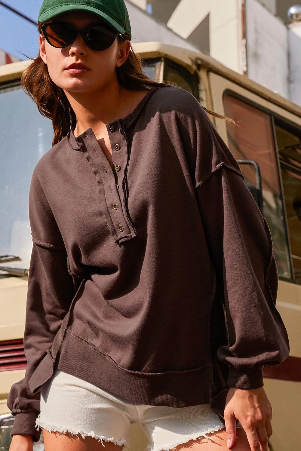 AlvaQ Women's Oversized Sweatshirt Casual Long Sleeve Button Henley Neck Pullover Tunic Tops Outfits
