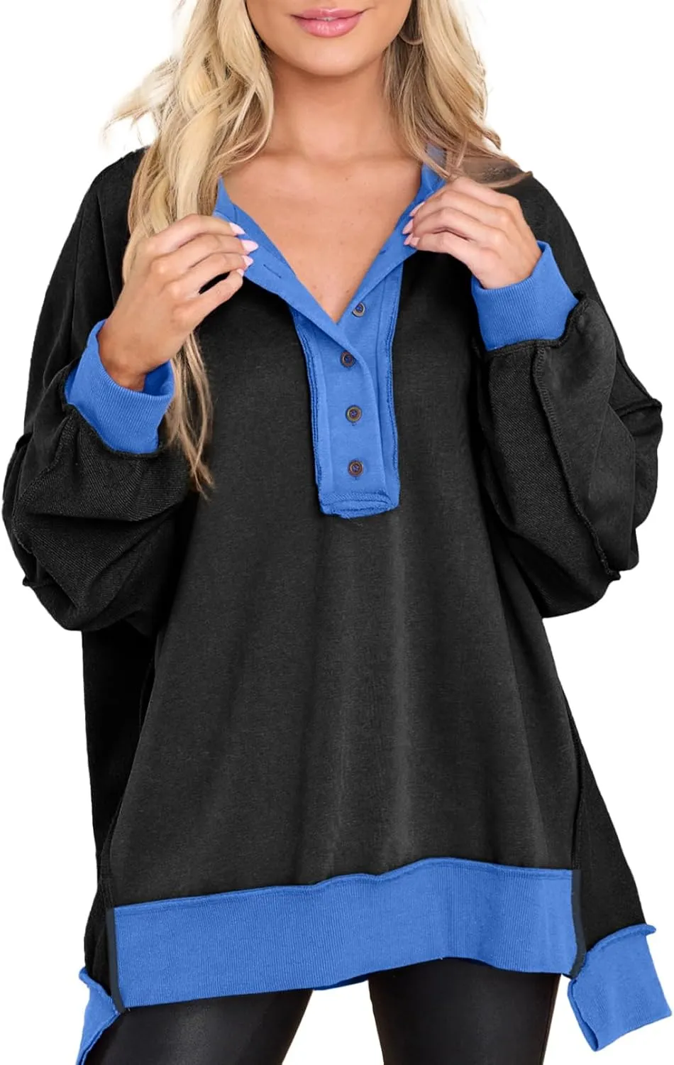AlvaQ Women's Oversized Sweatshirt Casual Long Sleeve Button Henley Neck Pullover Tunic Tops Outfits