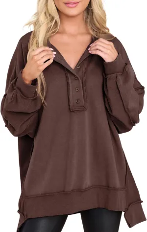 AlvaQ Women's Oversized Sweatshirt Casual Long Sleeve Button Henley Neck Pullover Tunic Tops Outfits