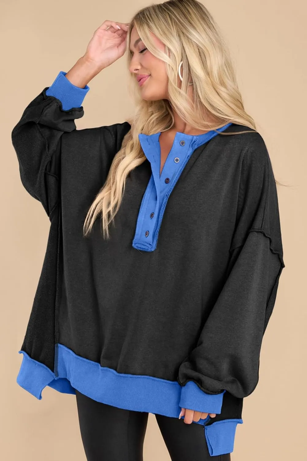 AlvaQ Women's Oversized Sweatshirt Casual Long Sleeve Button Henley Neck Pullover Tunic Tops Outfits