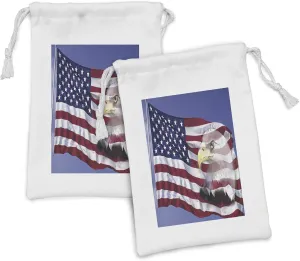 Ambesonne American Flag Fabric Pouch Set of 2, Bless America Banner in the Wind Eagle Double Exposure Citizen Image, Small Drawstring Bag for Toiletries Masks and Favors, 9" x 6", Multicolor