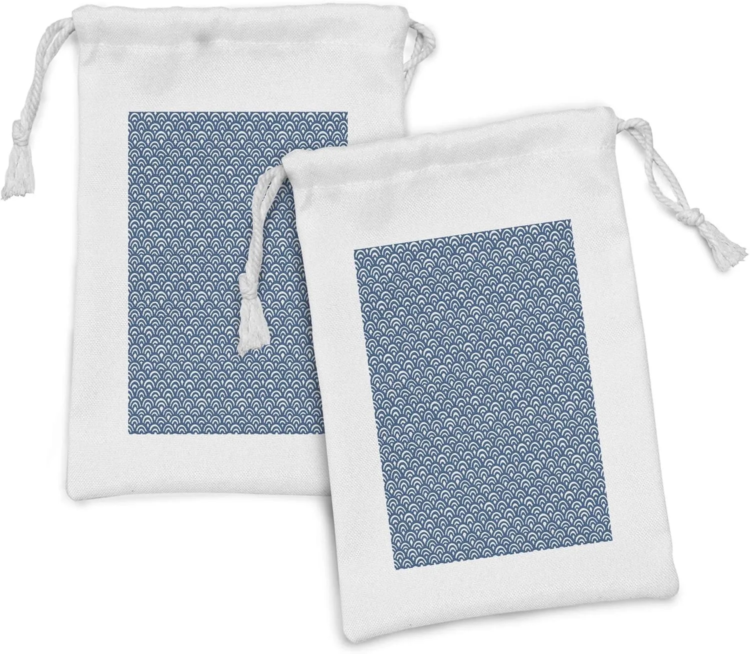 Ambesonne Blue Nautical Fabric Pouch Set of 2, Continuing Print of Concentric Half Circles Japanese Style Inspired, Small Drawstring Bag for Toiletries Masks and Favors, 9" x 6", Dark Sky Blue Ivory