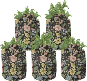 Ambesonne Botanical Grow Bags 5-Pack, Vintage Design Flourishes, Heavyduty Fabric Pots with Handles for Plants, Charcoal Grey and Multicolor