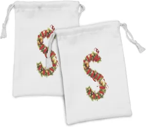 Ambesonne Christmas Alphabet Fabric Pouch Set of 2, Realistic Spruce Tree Branches Designed as S Letter Art Print, Small Drawstring Bag for Toiletries Masks and Favors, 9" x 6", Pearl and Olive Green